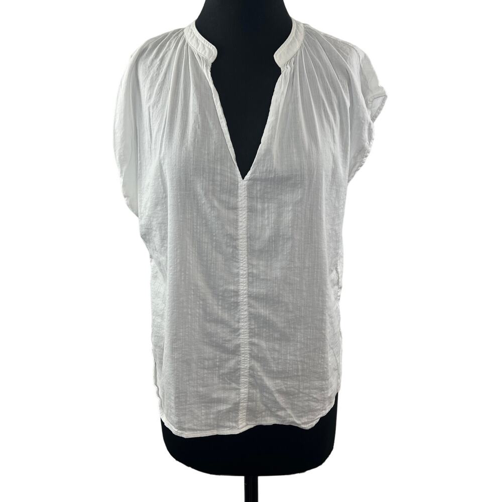 H&M White Blouse Cotton Split Neck Frill-Trimmed Cap Sleeve Pullover S M Medium